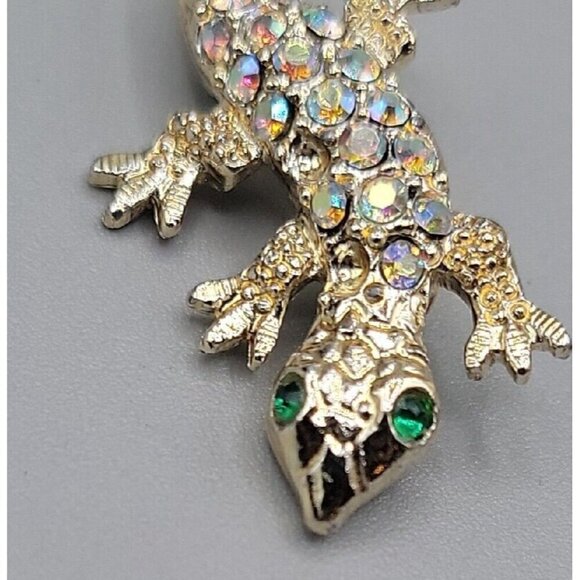 Vintage Gecko Lizard Brooch Pins Aurora Boreal Rhinestones Gold Tone Green Eyes - Picture 6 of 9